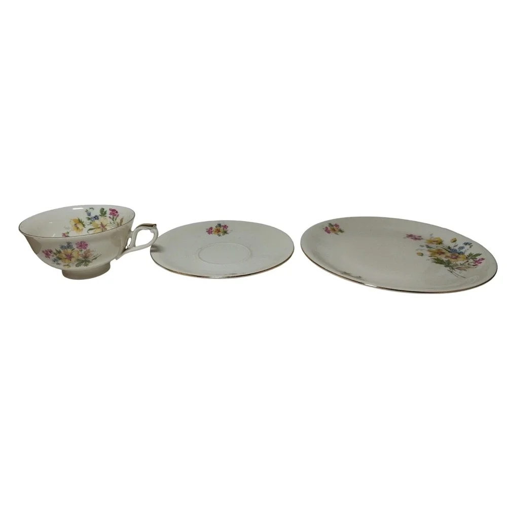 Vintage Bavaria Teacup Saucer Dessert Plate Set Floral Gold Trim Set of‎ Three